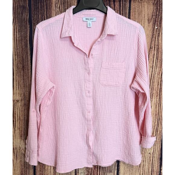 Nine West Pink Textured Cotton Button Down Plus Size Blouse, XXL, EUC - Picture 1 of 8